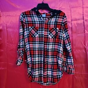 Plaid Button Down Hooded Top